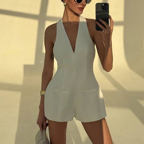 White Sexy Women's Halter Deep V Jumpsuit - Picture 7 of 7